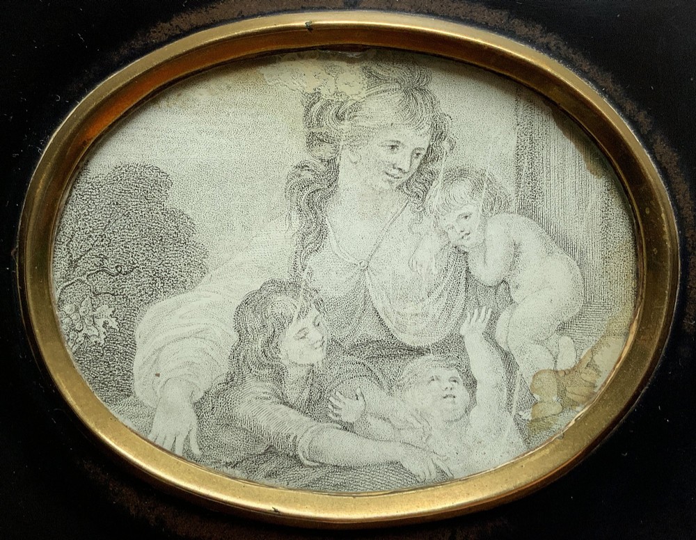 18th Century Georgian Miniature Pen and Ink Quartet Portrait Drawing Ebony Frame View III