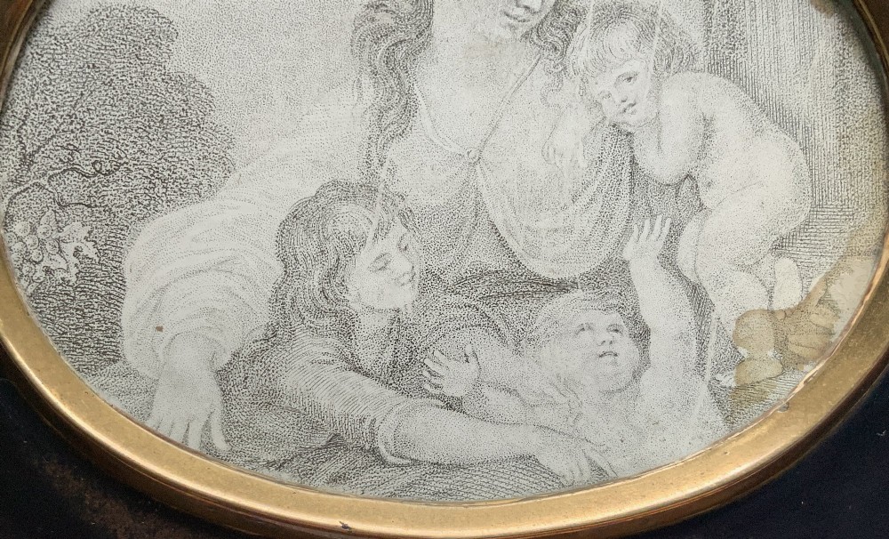 18th Century Georgian Miniature Pen and Ink Quartet Portrait Drawing Ebony Frame View V