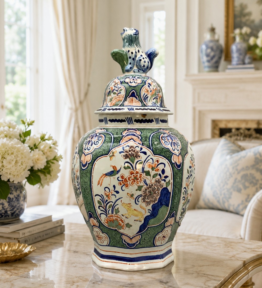 An octagonal tin-glazed ceramic baluster vase with a matching cover topped by a sculpted lion finial and decorated with multi-coloured floral panels. View II