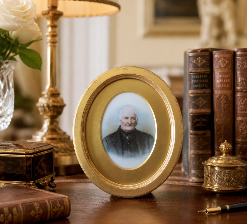 An oval Victorian miniature watercolour portrait of an elderly gentleman in a dark suit, set within a gilded frame. View II
