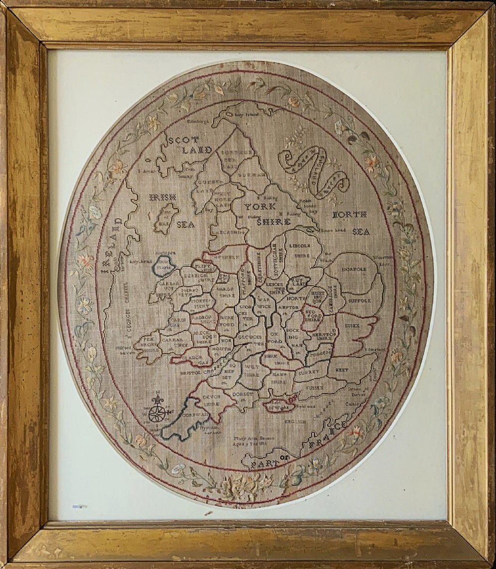 Georgian Sampler c. 1811 Map of England & Wales Needlepoint by Mary Banion 9yrs