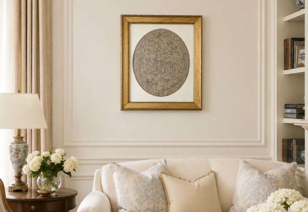 An oval Georgian embroidered needlepoint map of England and Wales with floral borders inside a gilt wooden frame. View II