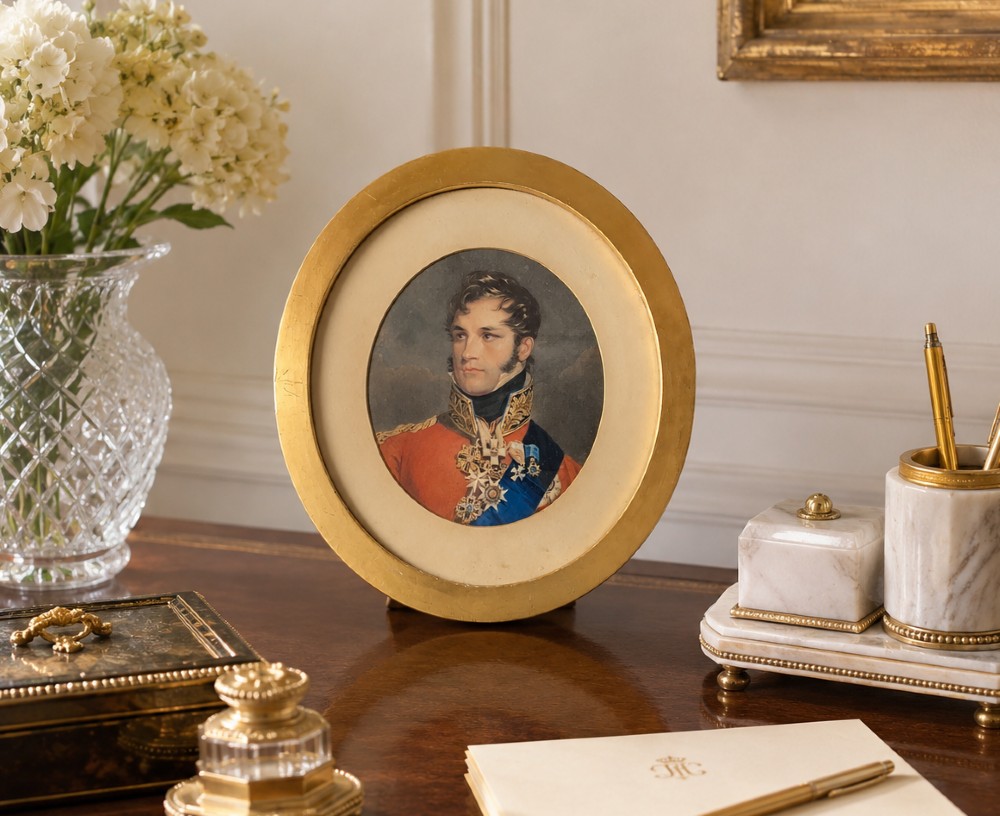 A circular gilt-framed miniature portrait print depicting a man in a red military uniform with medals and a blue sash. View II
