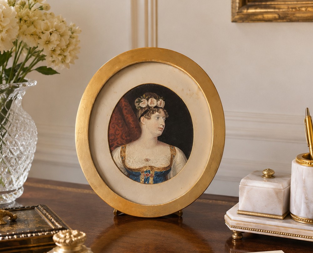 A circular gilt-framed hand-coloured miniature portrait depicting a young woman wearing a floral headband and blue dress. View II