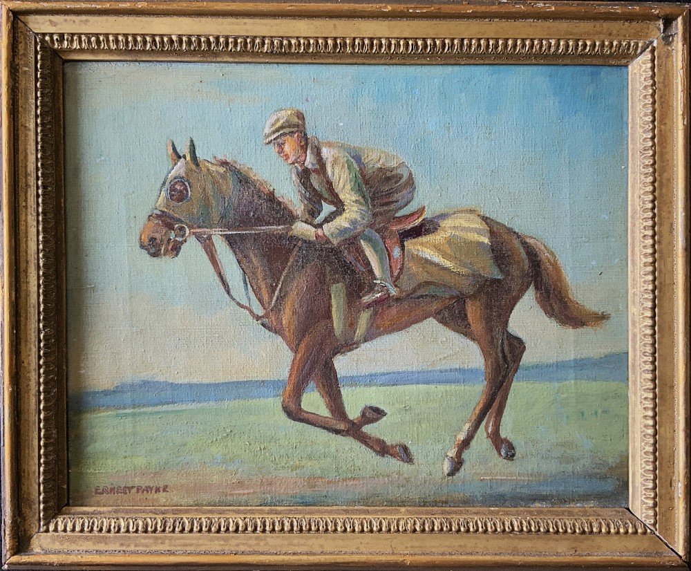 An antique oil painting depicting a jockey riding a brown racehorse across a green landscape against a blue sky, set within a gilded frame.