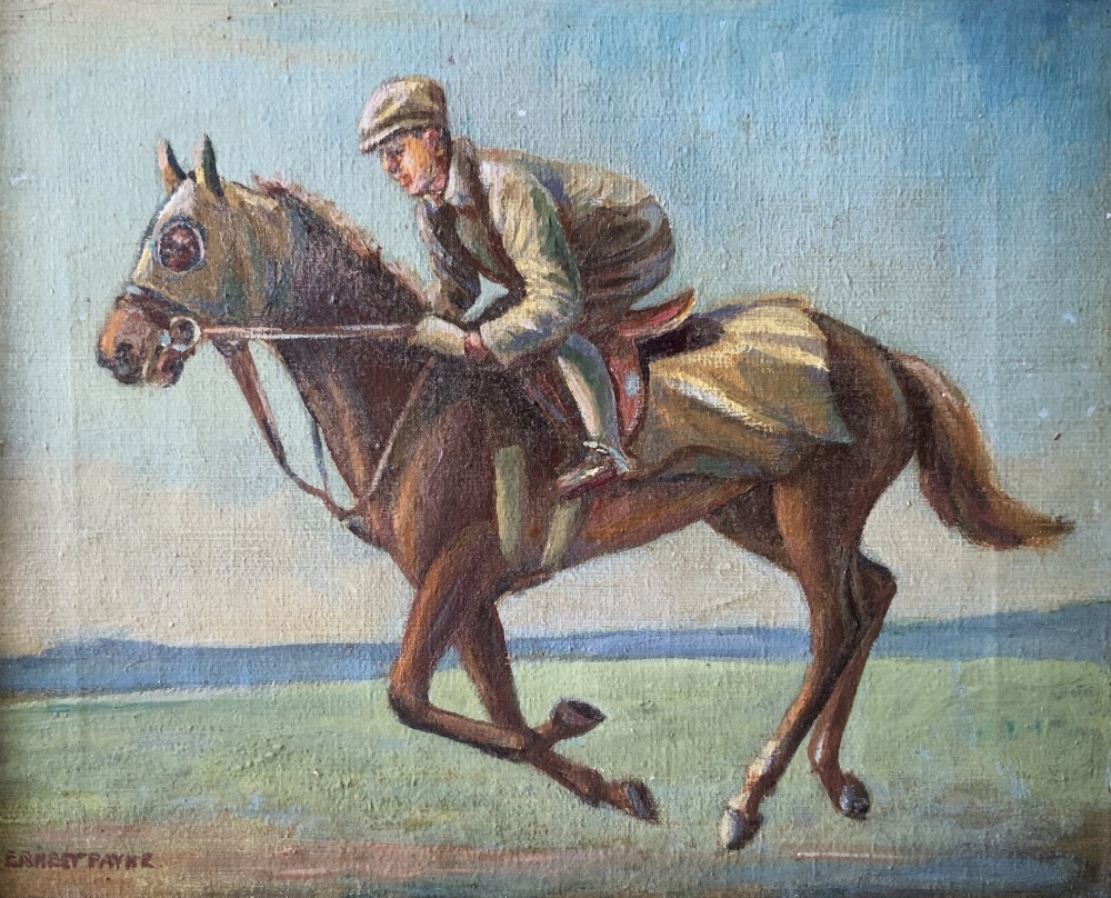 An antique oil painting depicting a jockey riding a brown racehorse across a green landscape against a blue sky, set within a gilded frame. View II
