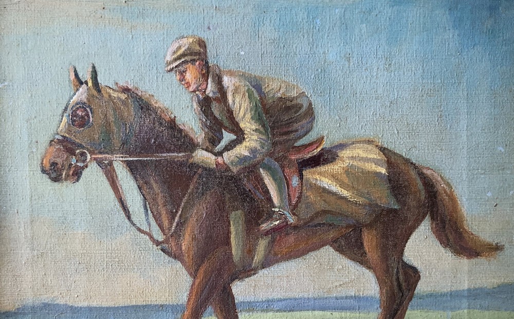 An antique oil painting depicting a jockey riding a brown racehorse across a green landscape against a blue sky, set within a gilded frame. View III