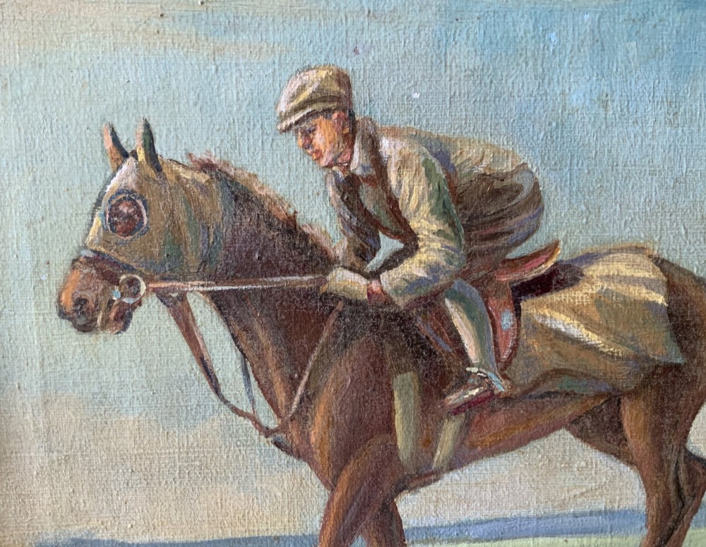 An antique oil painting depicting a jockey riding a brown racehorse across a green landscape against a blue sky, set within a gilded frame. View IV