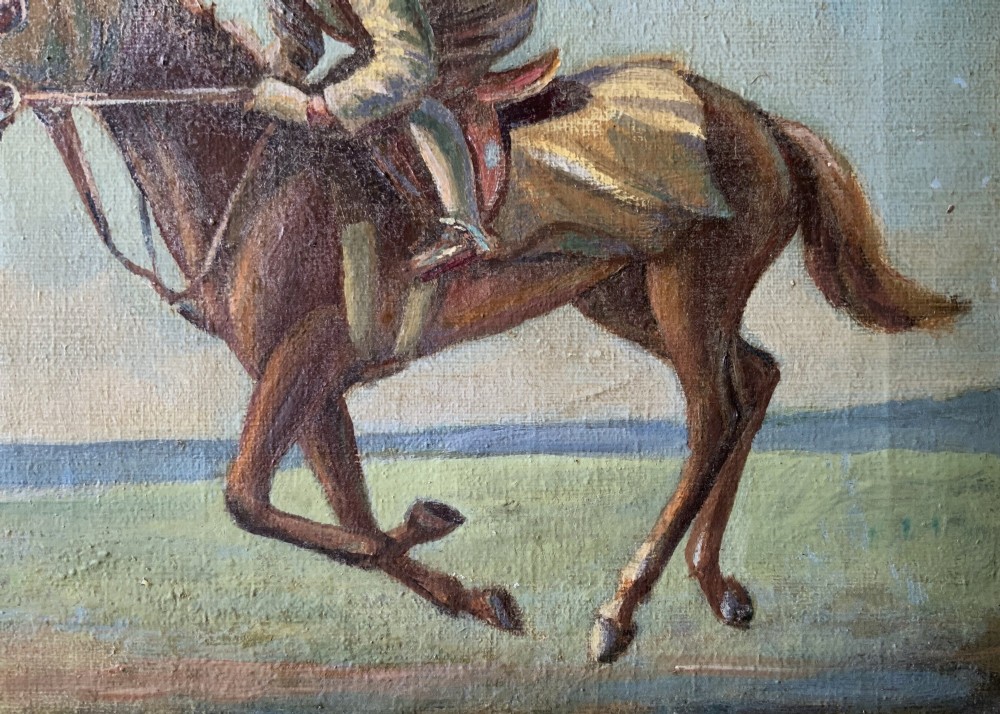 An antique oil painting depicting a jockey riding a brown racehorse across a green landscape against a blue sky, set within a gilded frame. View V