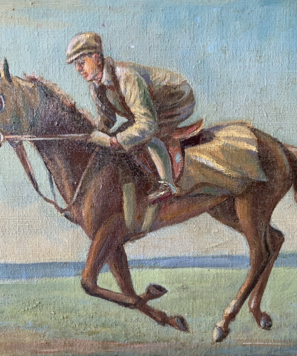 An antique oil painting depicting a jockey riding a brown racehorse across a green landscape against a blue sky, set within a gilded frame. View VII