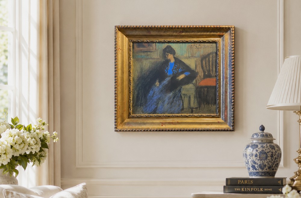 A framed limited-edition portrait print depicting a seated woman in a blue top and dark shawl, housed within a wide gilt decorative frame. View II