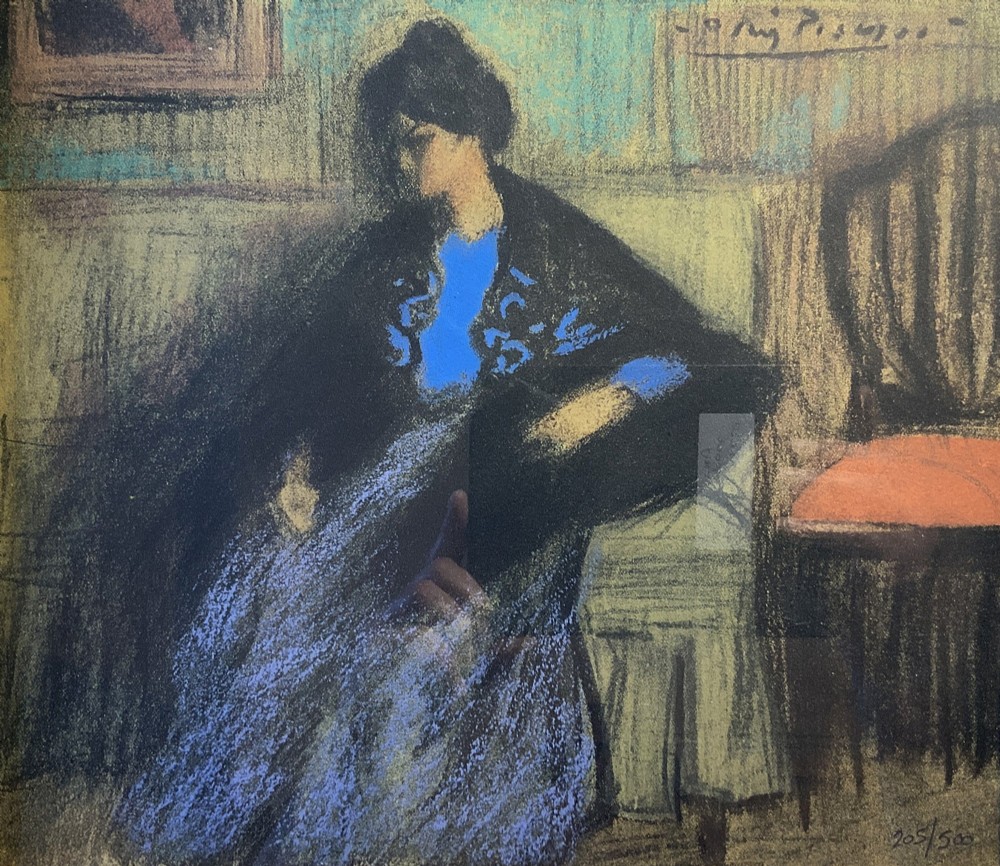 A framed limited-edition portrait print depicting a seated woman in a blue top and dark shawl, housed within a wide gilt decorative frame. View III