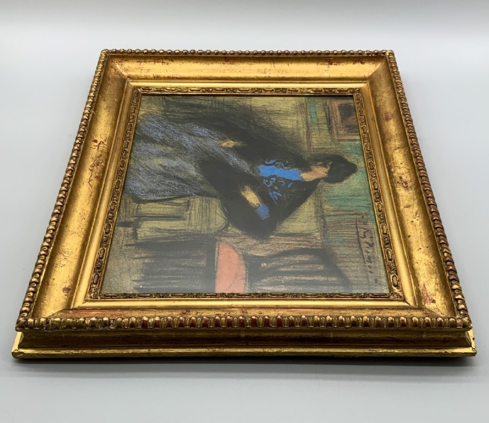 A framed limited-edition portrait print depicting a seated woman in a blue top and dark shawl, housed within a wide gilt decorative frame. View VI