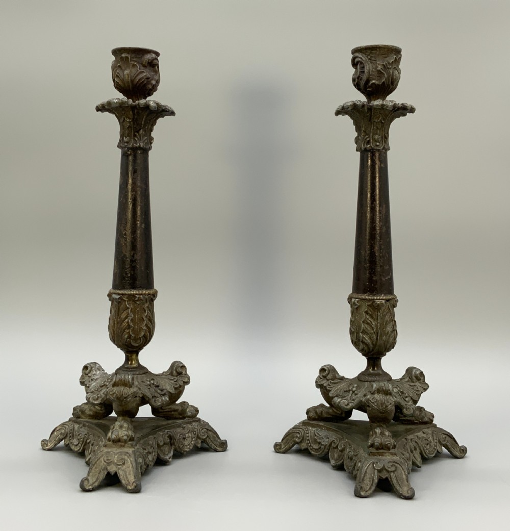 Pair French Empire Candlestick Holders 19th-Century Antique Cast Metal