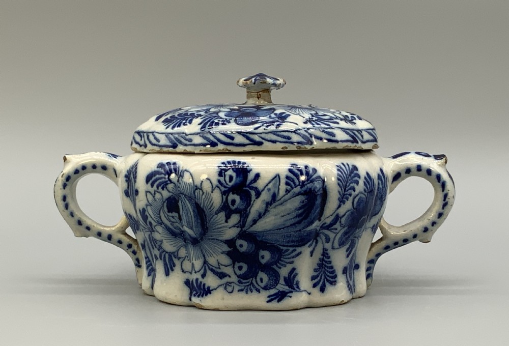 English Delft Posset Pot 17th-Century Blue and White Floral Faience Circa 1690
