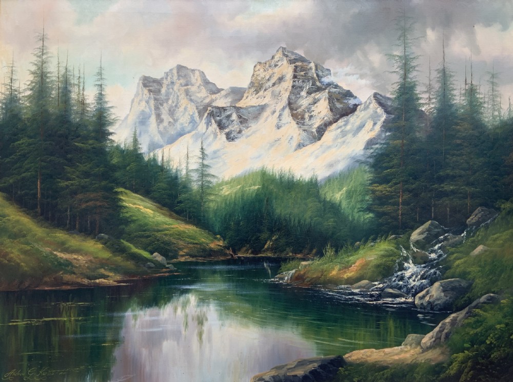 Large Scottish Highland Landscape Oil Painting Vintage Antique by Andrew Kurtis View III