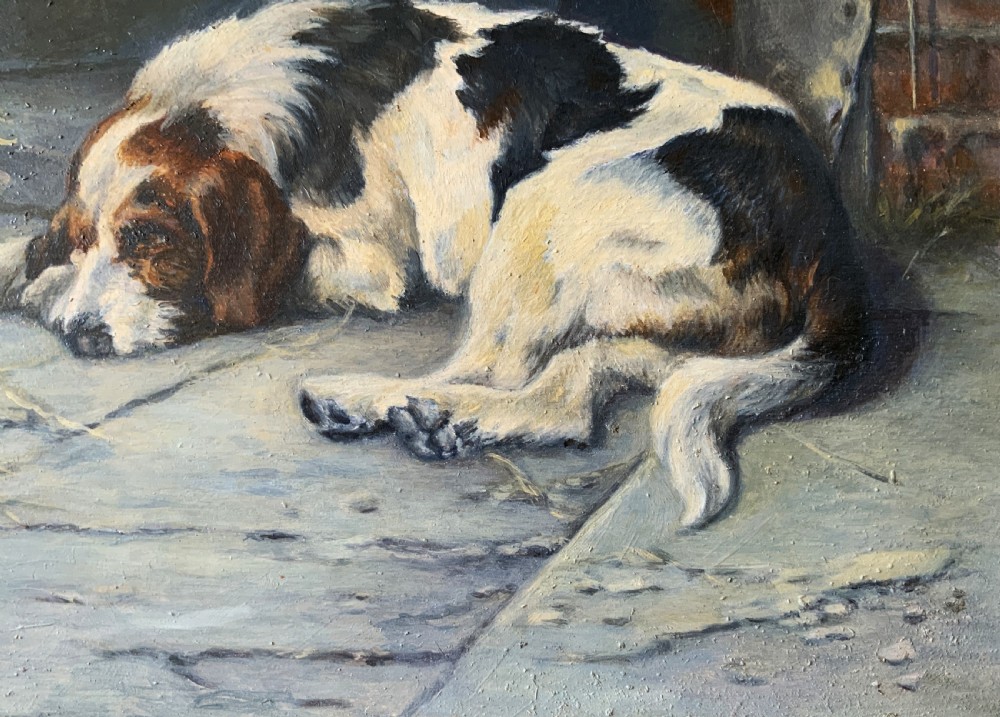 An oil painting depicting a resting tri-colour foxhound lying on a stone floor inside a doorway, housed in an ornate gilt frame. View VIII