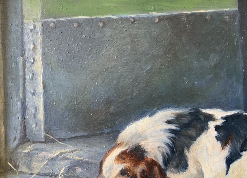 An oil painting depicting a resting tri-colour foxhound lying on a stone floor inside a doorway, housed in an ornate gilt frame. View X