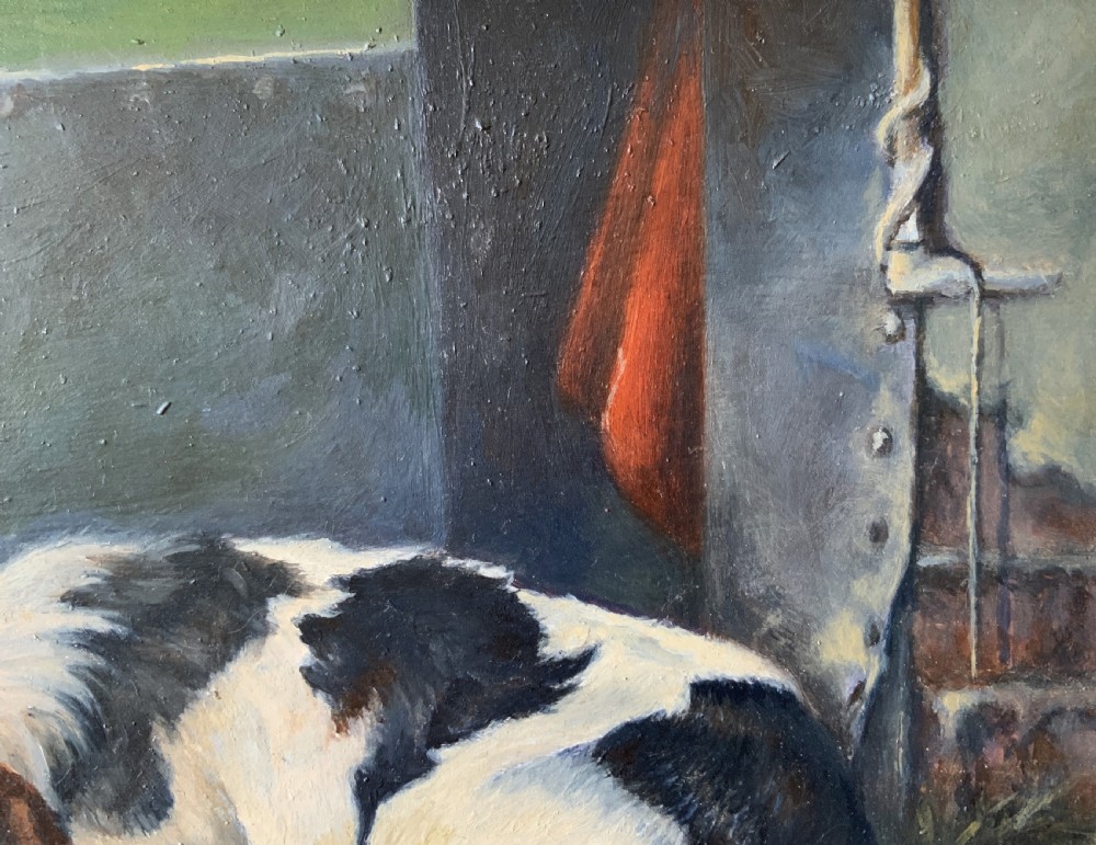 An oil painting depicting a resting tri-colour foxhound lying on a stone floor inside a doorway, housed in an ornate gilt frame. View XI