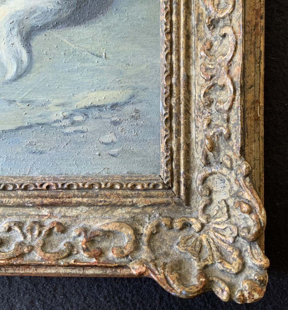 An oil painting depicting a resting tri-colour foxhound lying on a stone floor inside a doorway, housed in an ornate gilt frame. View XIII