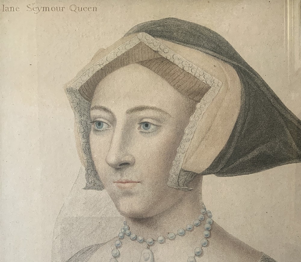 An 18th-century framed portrait engraving of Queen Jane Seymour after a drawing by Hans Holbein, set within a slender gilded wood frame. View V
