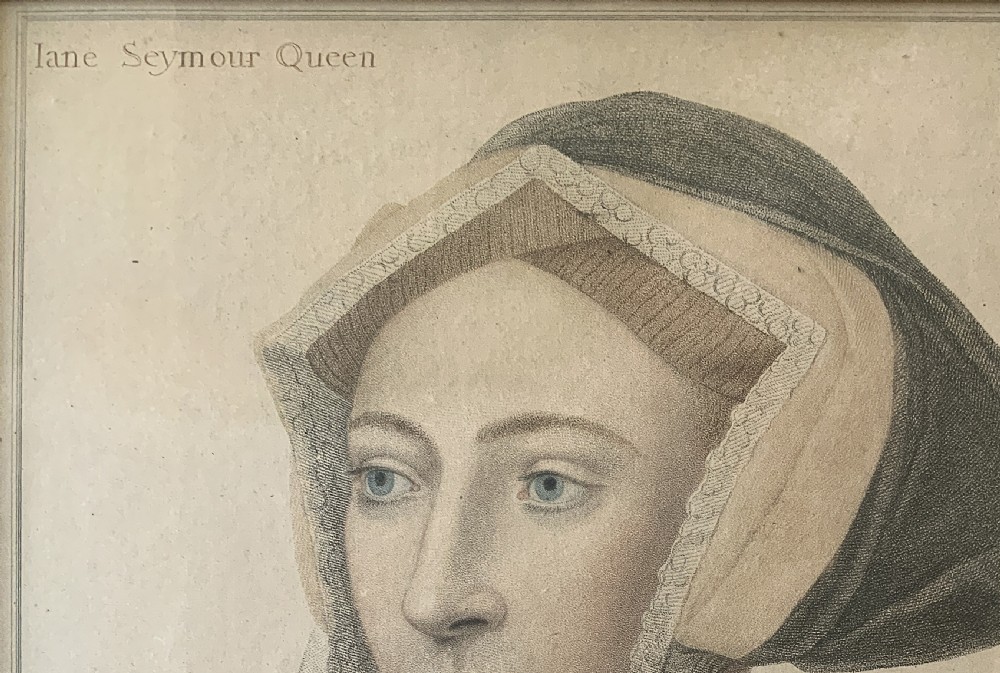 An 18th-century framed portrait engraving of Queen Jane Seymour after a drawing by Hans Holbein, set within a slender gilded wood frame. View VI