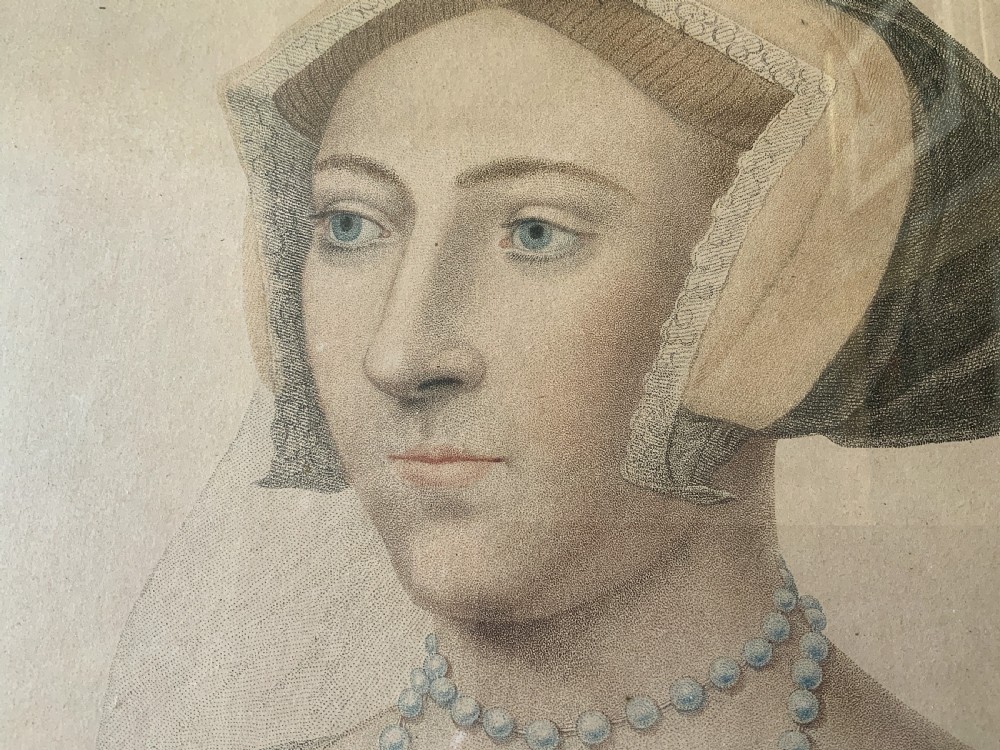 An 18th-century framed portrait engraving of Queen Jane Seymour after a drawing by Hans Holbein, set within a slender gilded wood frame. View VIII