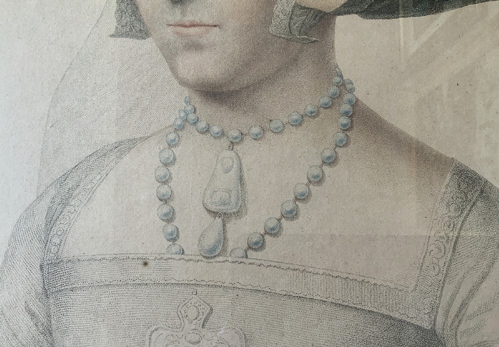 An 18th-century framed portrait engraving of Queen Jane Seymour after a drawing by Hans Holbein, set within a slender gilded wood frame. View IX