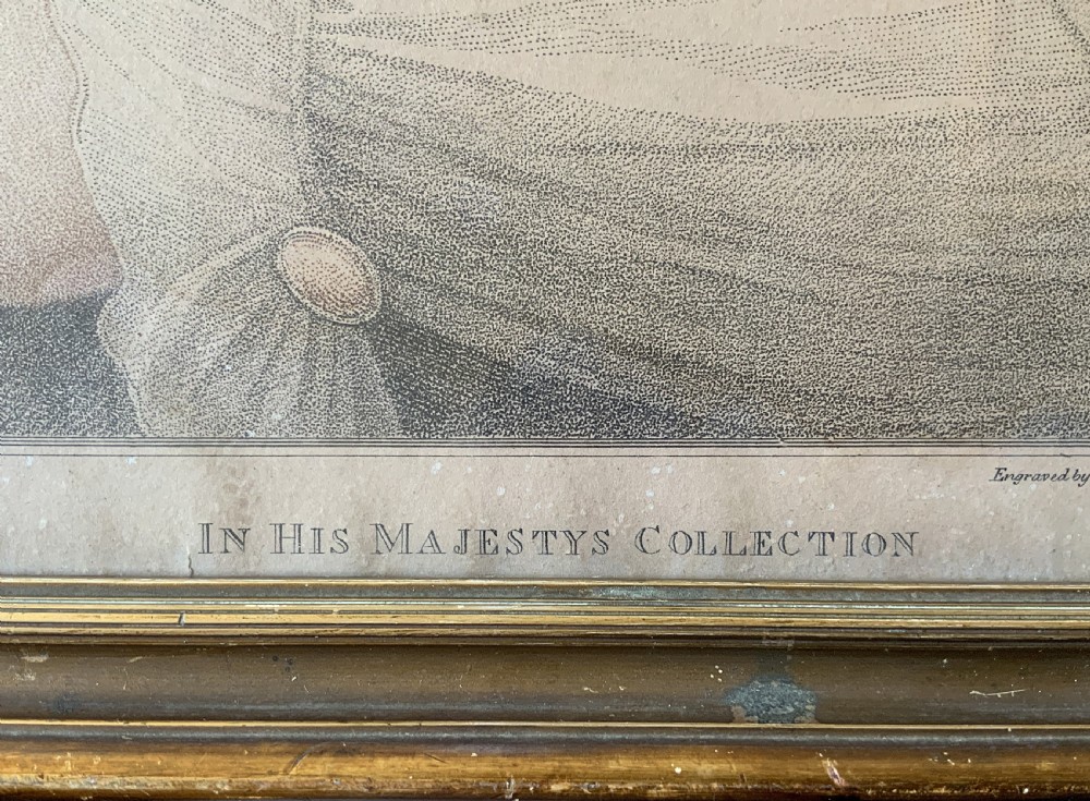 An 18th-century framed portrait engraving of Queen Jane Seymour after a drawing by Hans Holbein, set within a slender gilded wood frame. View X