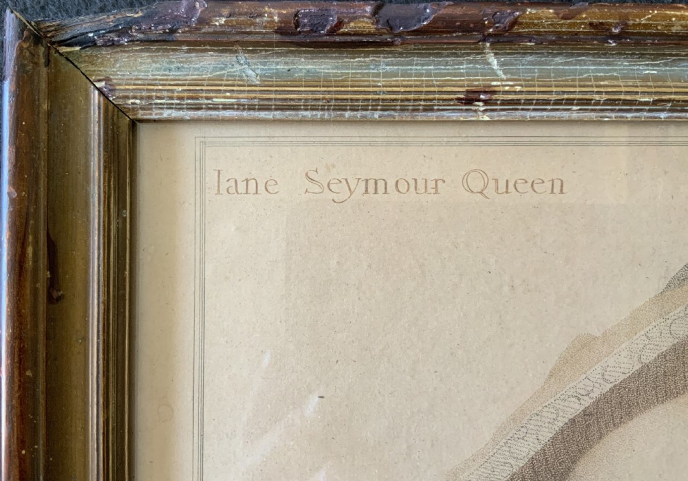 An 18th-century framed portrait engraving of Queen Jane Seymour after a drawing by Hans Holbein, set within a slender gilded wood frame. View XIII