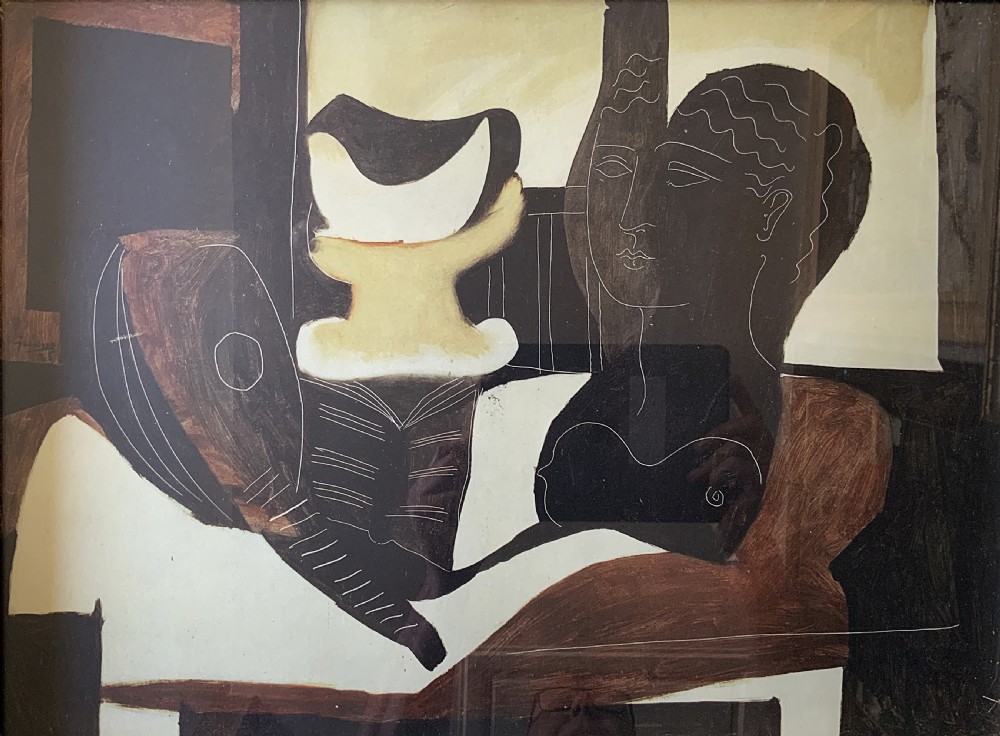 A framed abstract print featuring stylized figures and vessel motifs rendered in brown, cream, and black tones within a light wooden frame. View II