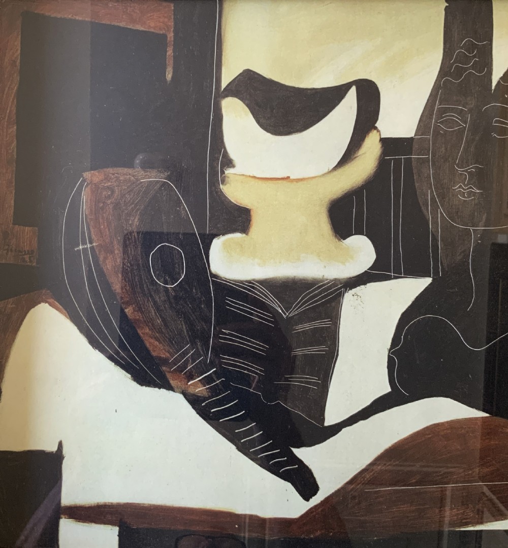A framed abstract print featuring stylized figures and vessel motifs rendered in brown, cream, and black tones within a light wooden frame. View III