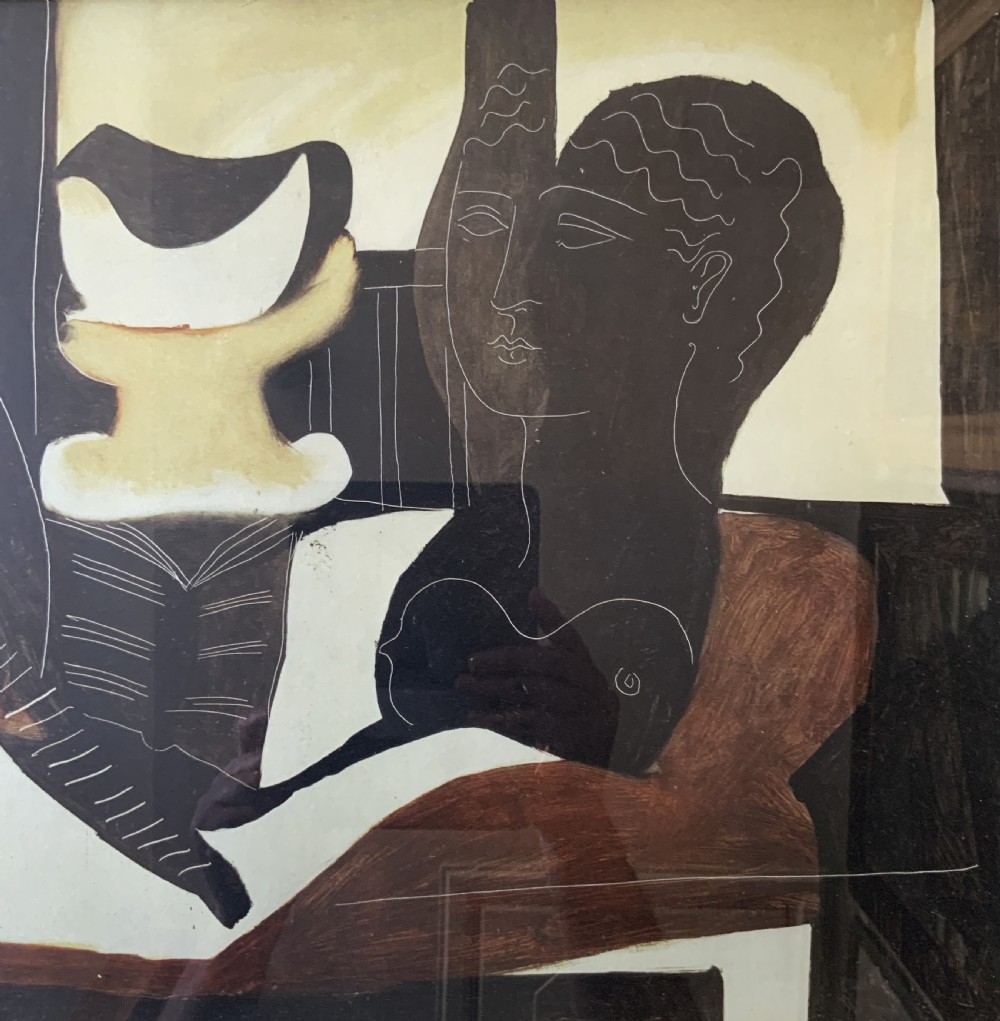 A framed abstract print featuring stylized figures and vessel motifs rendered in brown, cream, and black tones within a light wooden frame. View IV