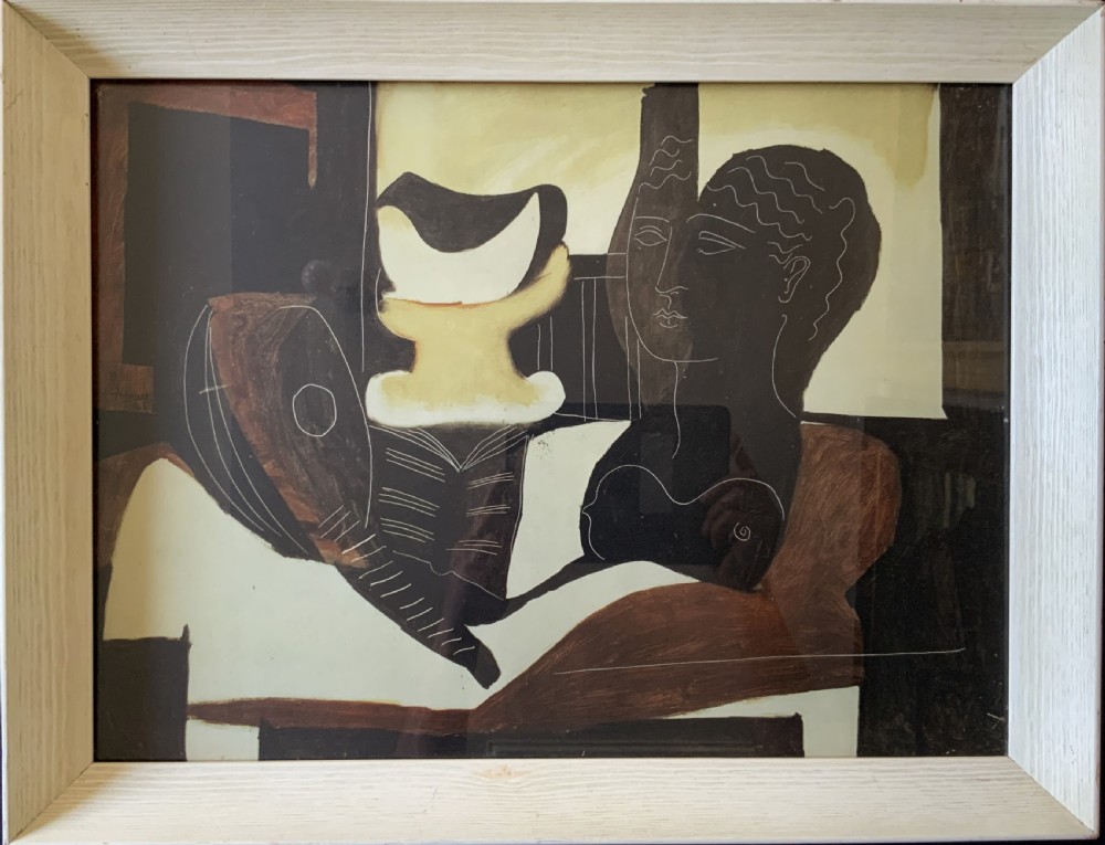 A framed abstract print featuring stylized figures and vessel motifs rendered in brown, cream, and black tones within a light wooden frame. View X