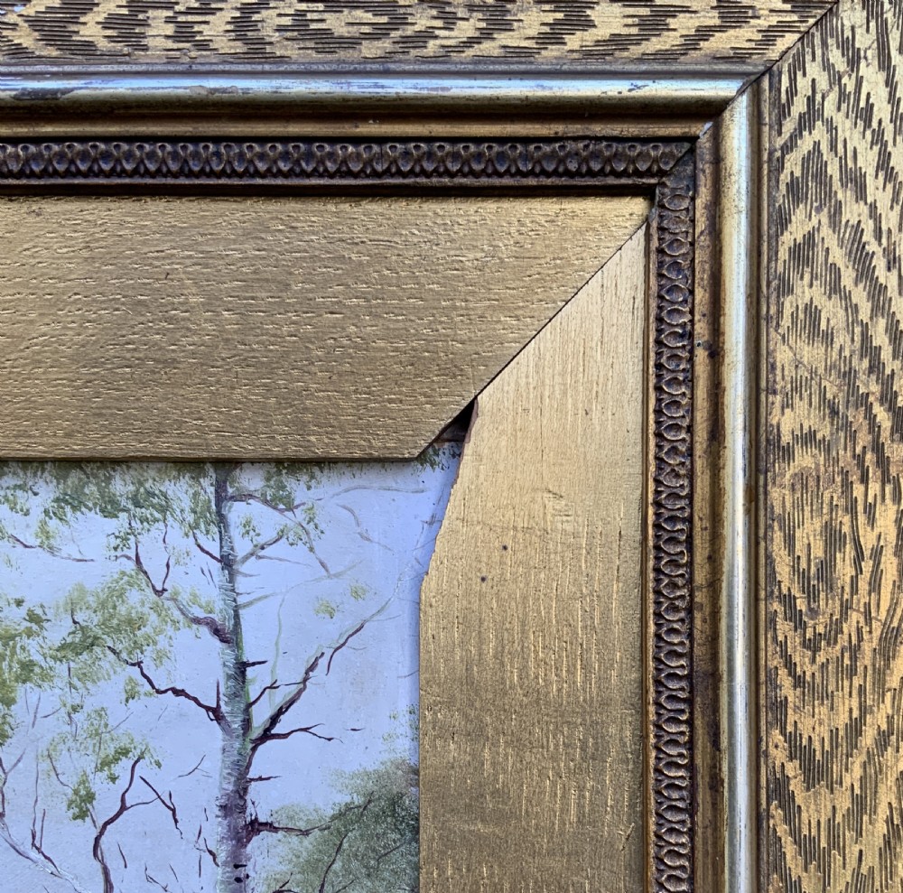 A 19th-century Victorian oil painting depicting a British rural landscape with a stone arch bridge, framed in an ornate gilded wooden frame. View XIII