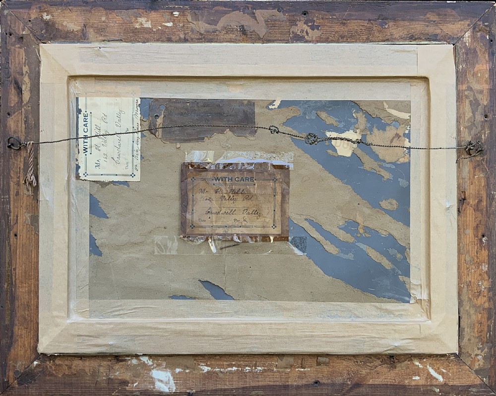 A 19th-century Victorian oil painting depicting a British rural landscape with a stone arch bridge, framed in an ornate gilded wooden frame. View XV