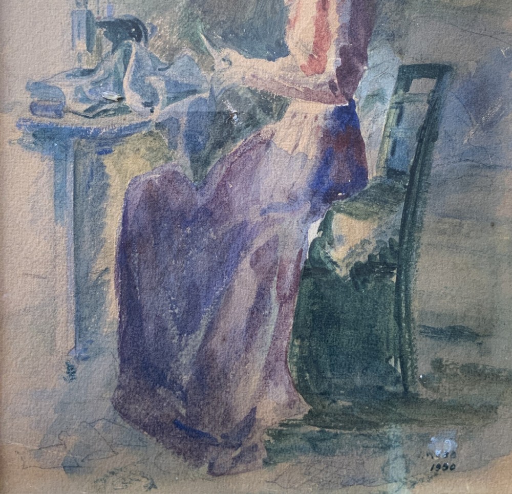The Seamstress Watercolour Portrait painting 1950 Mid-Century Impressionist View V
