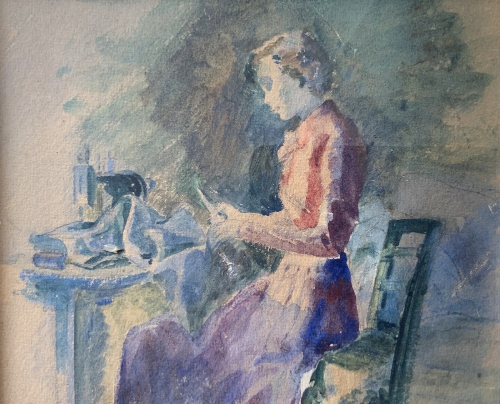 The Seamstress Watercolour Portrait painting 1950 Mid-Century Impressionist View VI