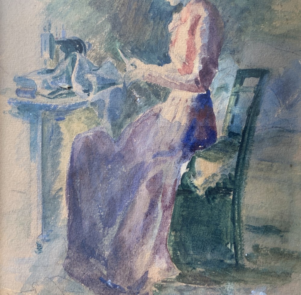 The Seamstress Watercolour Portrait painting 1950 Mid-Century Impressionist View VII