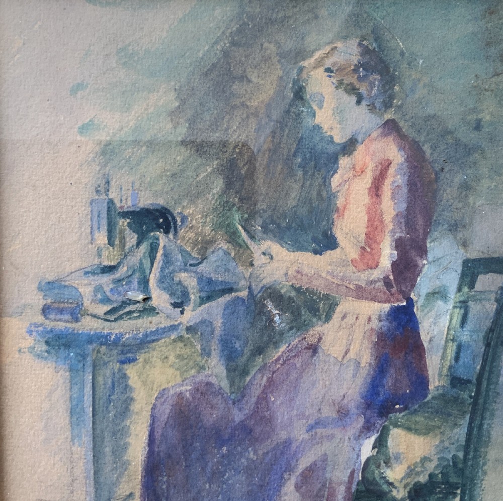 The Seamstress Watercolour Portrait painting 1950 Mid-Century Impressionist View IX