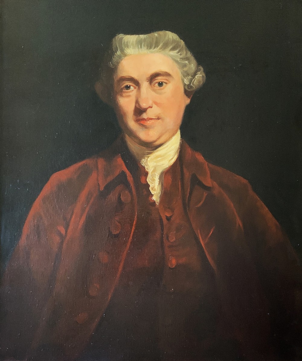 An oil portrait painting depicting an 18th-century gentleman in a burgundy coat and white cravat, set inside an ornate giltwood frame. View IV