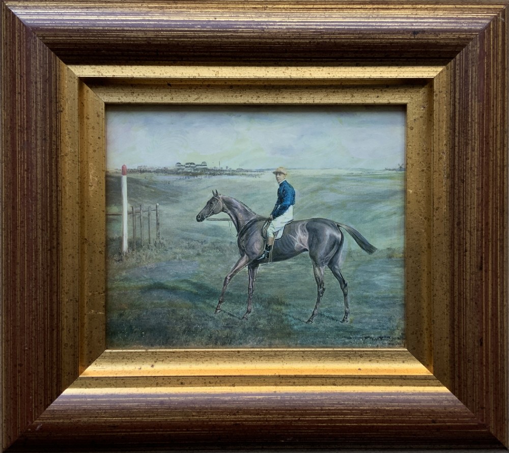 Pair Antique Miniature Horse Racing Sporting Prints Gilt Frames circa 1950