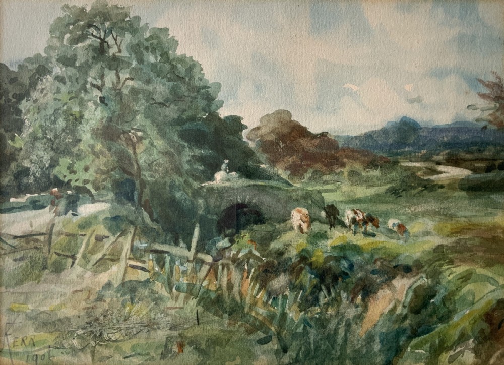 A framed antique watercolour painting depicting cattle grazing in a rural landscape, set within a layered mount and a moulded gilt frame. View II