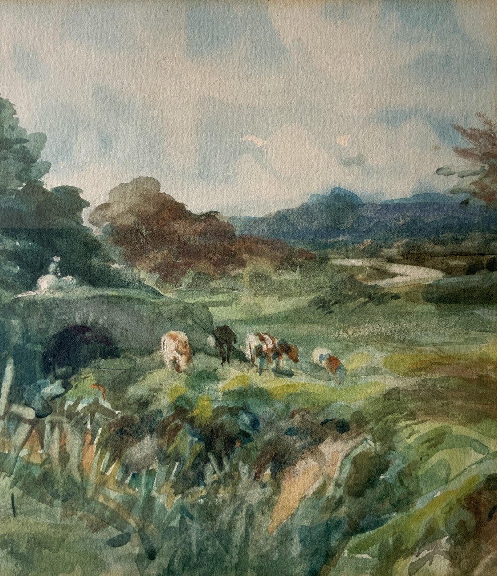 A framed antique watercolour painting depicting cattle grazing in a rural landscape, set within a layered mount and a moulded gilt frame. View III