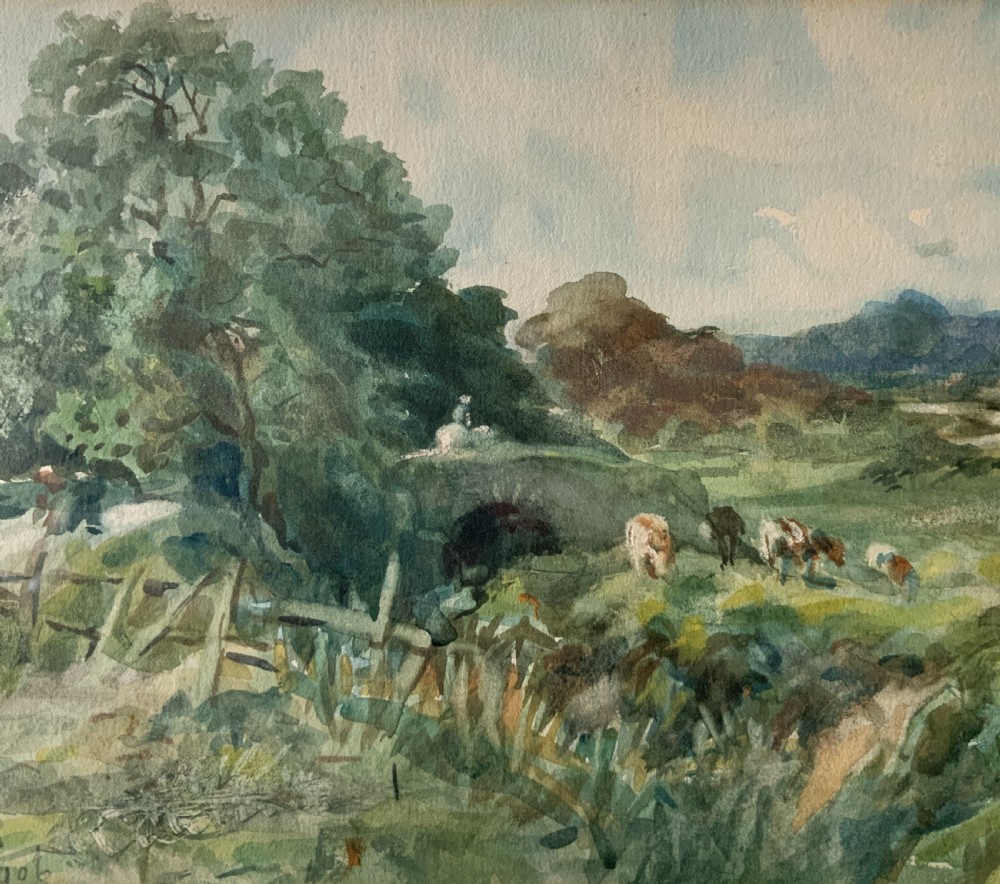 A framed antique watercolour painting depicting cattle grazing in a rural landscape, set within a layered mount and a moulded gilt frame. View IV