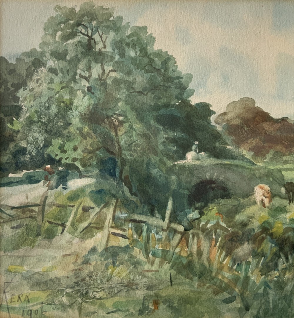 A framed antique watercolour painting depicting cattle grazing in a rural landscape, set within a layered mount and a moulded gilt frame. View V