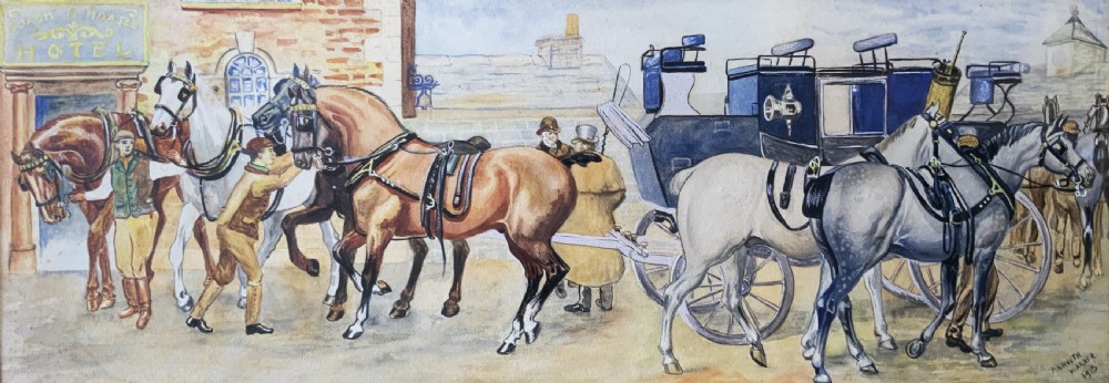 An panoramic Edwardian watercolour painting depicting horses and a coach outside the Coach and Horses Hotel, presented in a wooden frame.