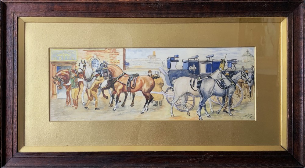 An panoramic Edwardian watercolour painting depicting horses and a coach outside the Coach and Horses Hotel, presented in a wooden frame. View II
