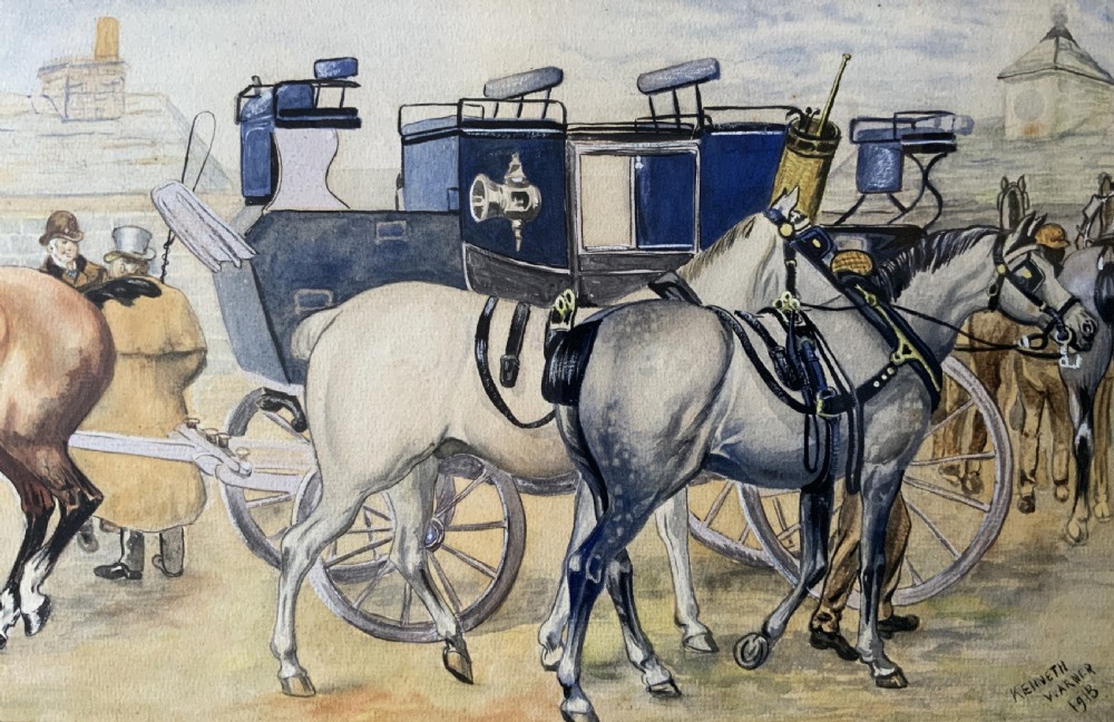 An panoramic Edwardian watercolour painting depicting horses and a coach outside the Coach and Horses Hotel, presented in a wooden frame. View IV