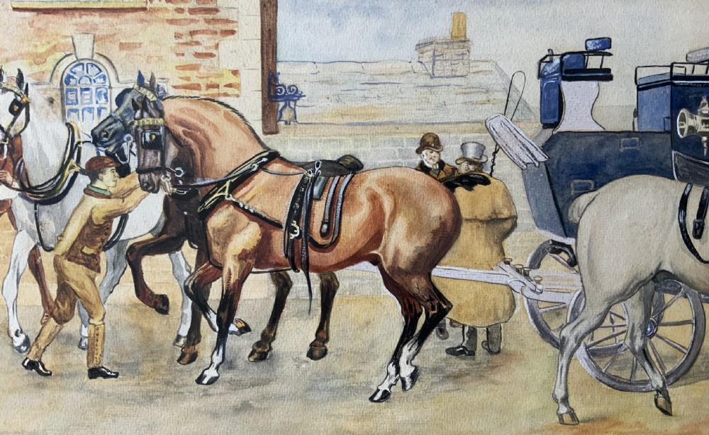 An panoramic Edwardian watercolour painting depicting horses and a coach outside the Coach and Horses Hotel, presented in a wooden frame. View V